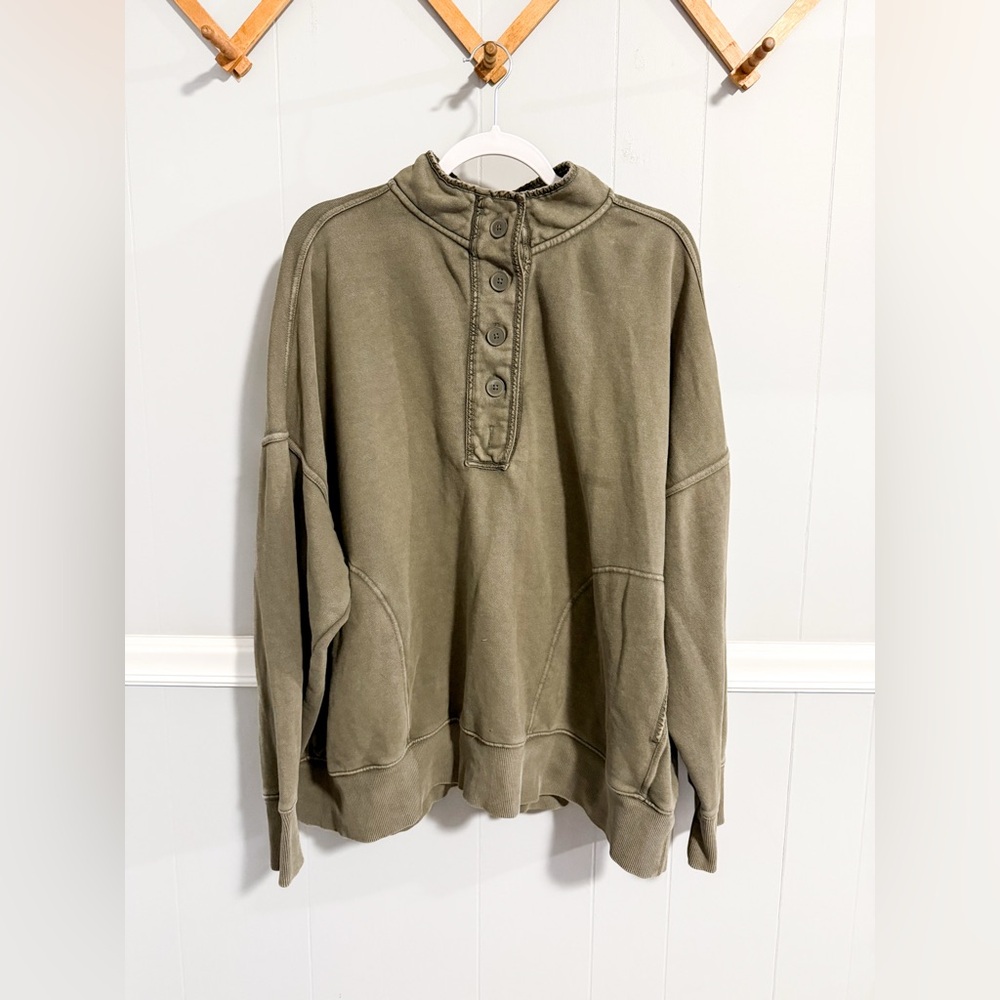 Aerie Quarter Button Pullover Olive Green - Picture 2 of 6